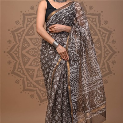 Cerulean Garden Hand Block Printed Kota Doria Saree
