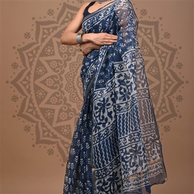 Navy Geometric Floral Kota Doria Saree
