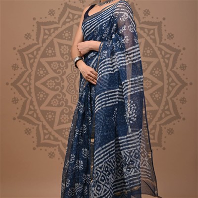 Navy Geometric Elegance Cotton Kota Doria Saree