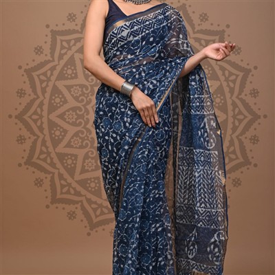 Celestial Teal Floral Cotton Doria Saree