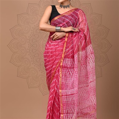 Magenta Striped Tie-Dye Kota Doria Saree