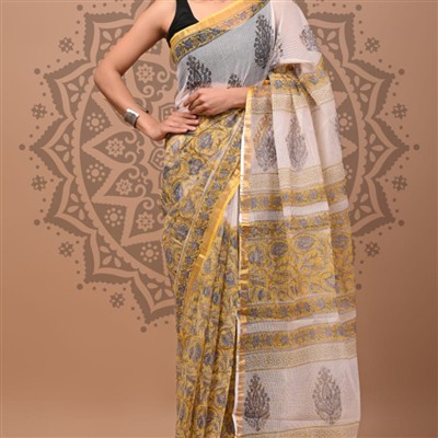 Cream & Mustard Floral Geometric Kota Doria Saree