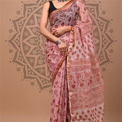 Blushing Coral Floral Kota Doria Saree