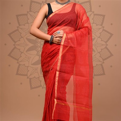 Crimson Geometric Pure Kota Doria Saree