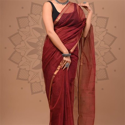 Burgundy Blossom Elegant Kota Doria Saree