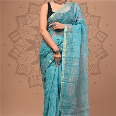 Turquoise Geometric Cotton Kota Doria Saree