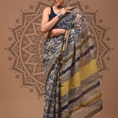 Navy Floral Fusion Hand Block Printed Kota Doria Saree