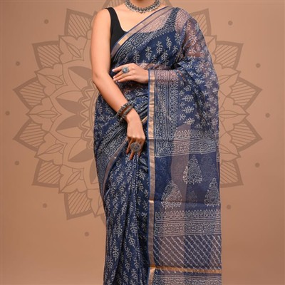 Navy Floral Delight Kota Doria Saree
