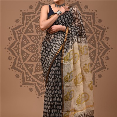 Midnight Elegance Floral Kota Doria Saree