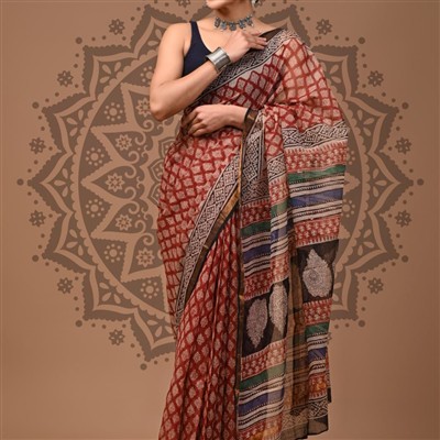 Rust Red Geometric Floral Kota Doria Saree