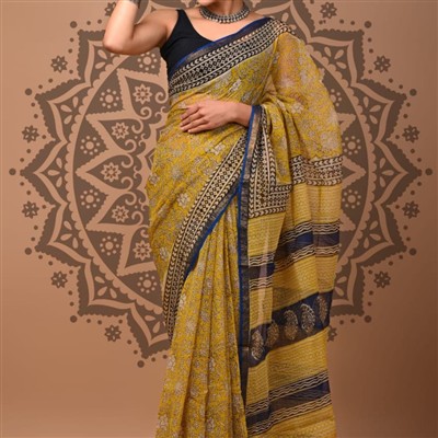 Mustard Delight Floral Kota Doria Saree