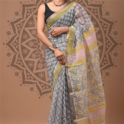 Saffron Bloom Hand Block Printed Kota Doria Saree