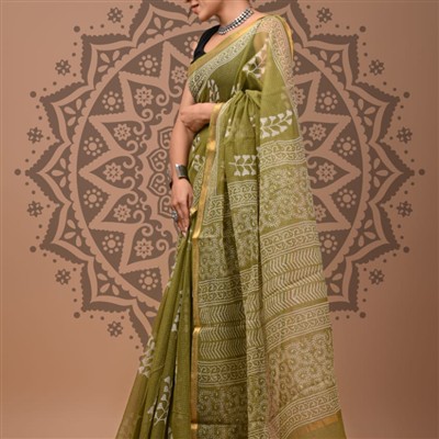 Olive Elegance Geometric Cotton Kota Doria Saree
