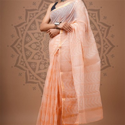 Peach Geometric Hand Block Printed Kota Doria Saree
