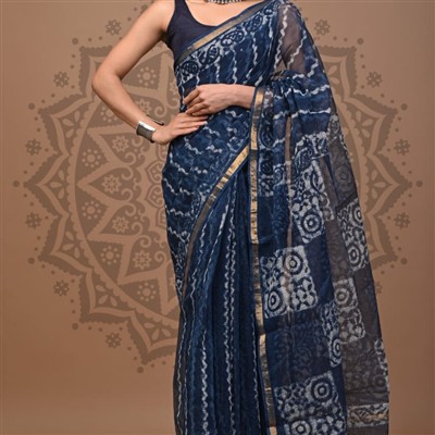 Navy Geometric Floral Kota Doria Saree