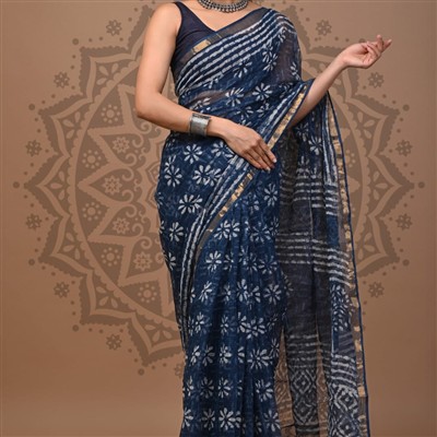 Navy Floral Elegance Cotton Kota Doria Saree
