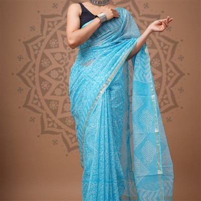 Sky Blue Geometric Floral Kota Doria Saree