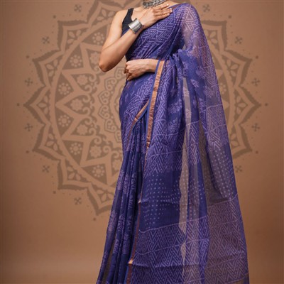 Lavender Geometric Hand Block Printed Kota Doria Saree