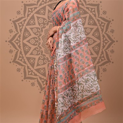Coral Blossom Geometric Kota Doria Saree
