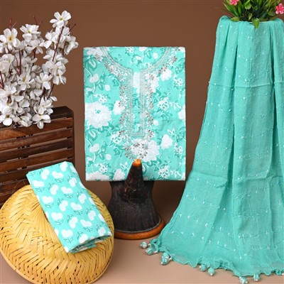 Aqua Floral Gota Patti Work Cotton Suit Set