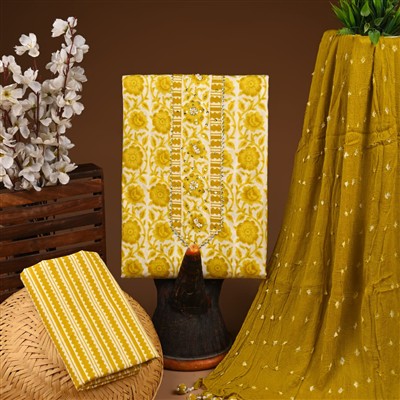 Mustard Floral Gota Patti Work Cotton Suit Set