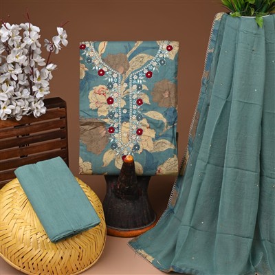 Ethereal Teal Floral Gota Patti Cotton Suit Set