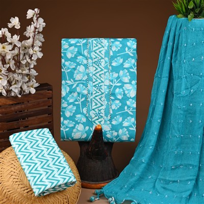 Turquoise Floral Gota Patti Cotton Suit Set