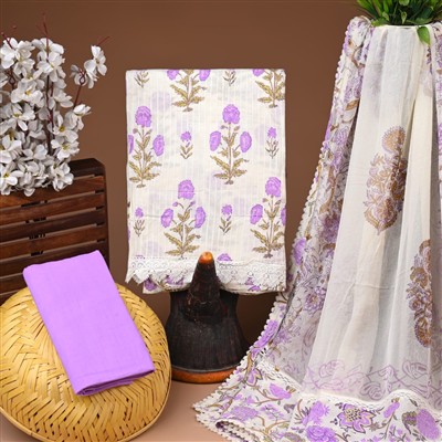 Cream Lavender Floral Chiffon Cotton Suit Set