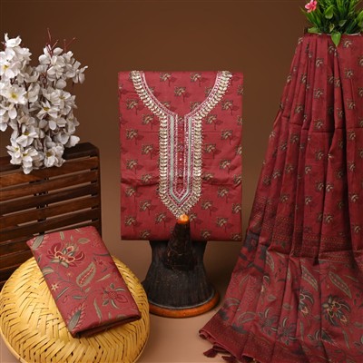 Burgundy Floral Gota Patti Cotton Suit Set