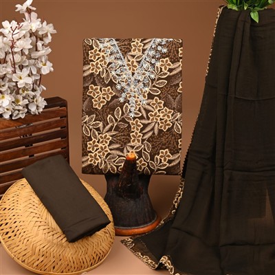 Chocolate Cream Floral Gota Patti Cotton Suit Set