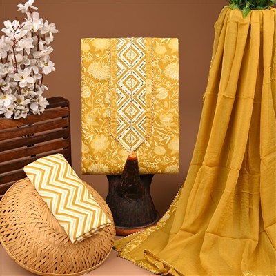 Golden Floral Zigzag Jaipuri Cotton Suit Set
