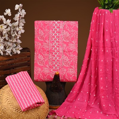 Vibrant Fuchsia Floral Gota Patti Cotton Suit Set