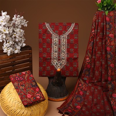 Maroon Floral Jaipuri Cotton Suit Set