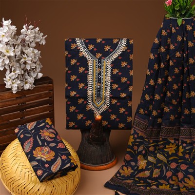 Navy Floral Gota Patti Cotton Suit Set