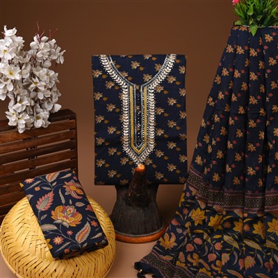 Navy Blossom Gota Patti Work Cotton Suit Set