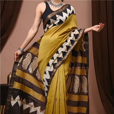 Mustard Zigzag Paisley Maheshwari Silk Saree