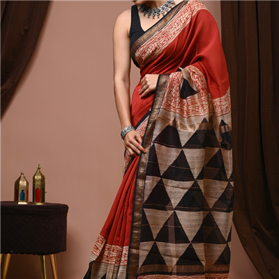 Crimson Geometric Block Printed Maheshwari Silk Saree