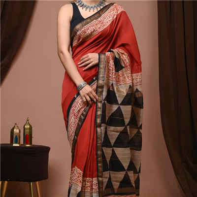Crimson Geometric Block Printed Maheshwari Silk Saree