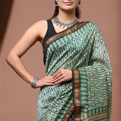 Teal Leaf Motif Maheshwari Silk Saree