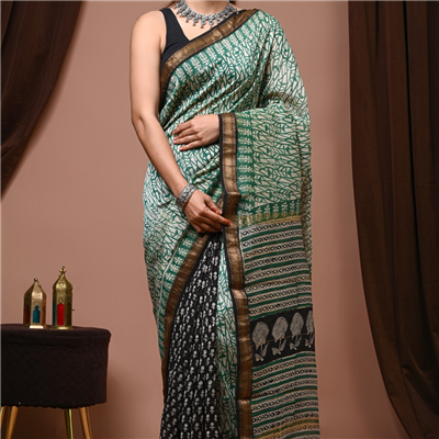 Teal Leaf Motif Maheshwari Silk Saree
