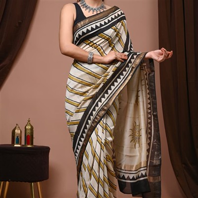 Ivory Geometric Hand Block Printed Maheshwari Silk Saree