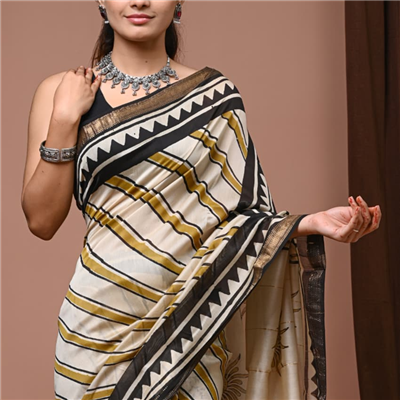 Ivory Geometric Hand Block Printed Maheshwari Silk Saree
