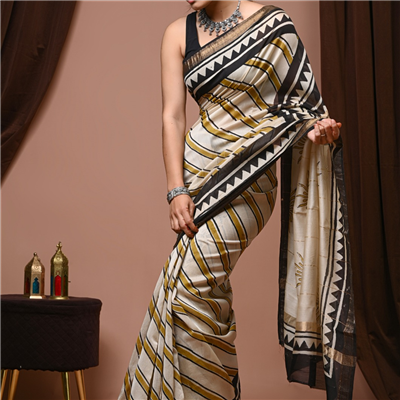 Ivory Geometric Hand Block Printed Maheshwari Silk Saree