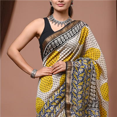 Bright Yellow Polka Dot Floral Maheshwari Silk Saree