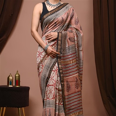 Saffron Floral Block Print Maheshwari Silk Saree