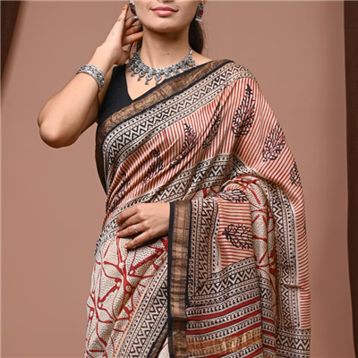 Saffron Floral Block Print Maheshwari Silk Saree