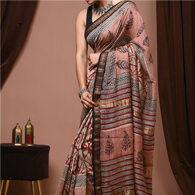 Saffron Floral Block Print Maheshwari Silk Saree