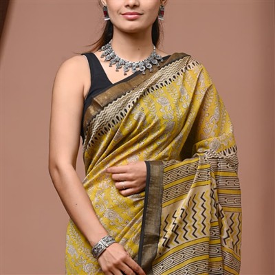 Golden Floral Block Print Maheshwari Silk Saree