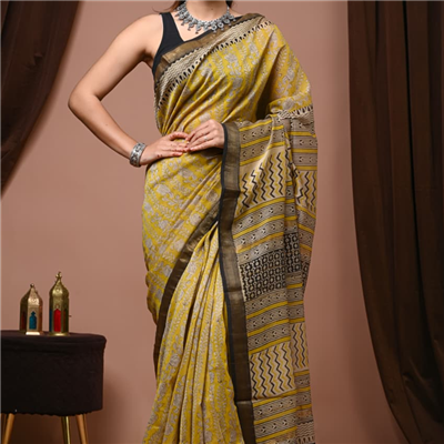 Golden Floral Block Print Maheshwari Silk Saree