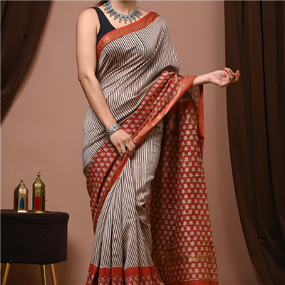 Coral Blossom Hand Block Printed Maheshwari Silk Saree